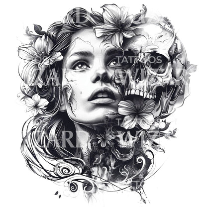 Stunning Woman and Skull Portrait Tattoo Design