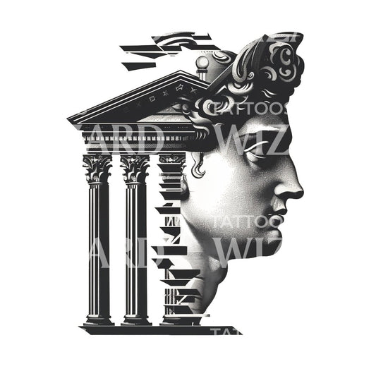 Roman Temple Profile Statue Tattoo Design
