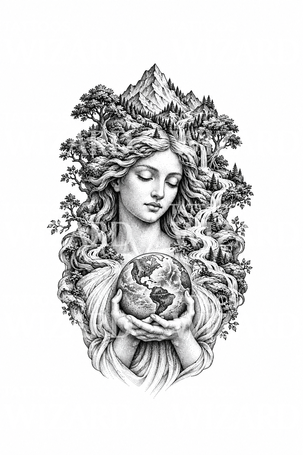 Design del tatuaggio Gaia, Madre Terra, che sorregge il mondo