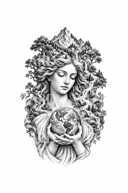 Design del tatuaggio Gaia, Madre Terra, che sorregge il mondo