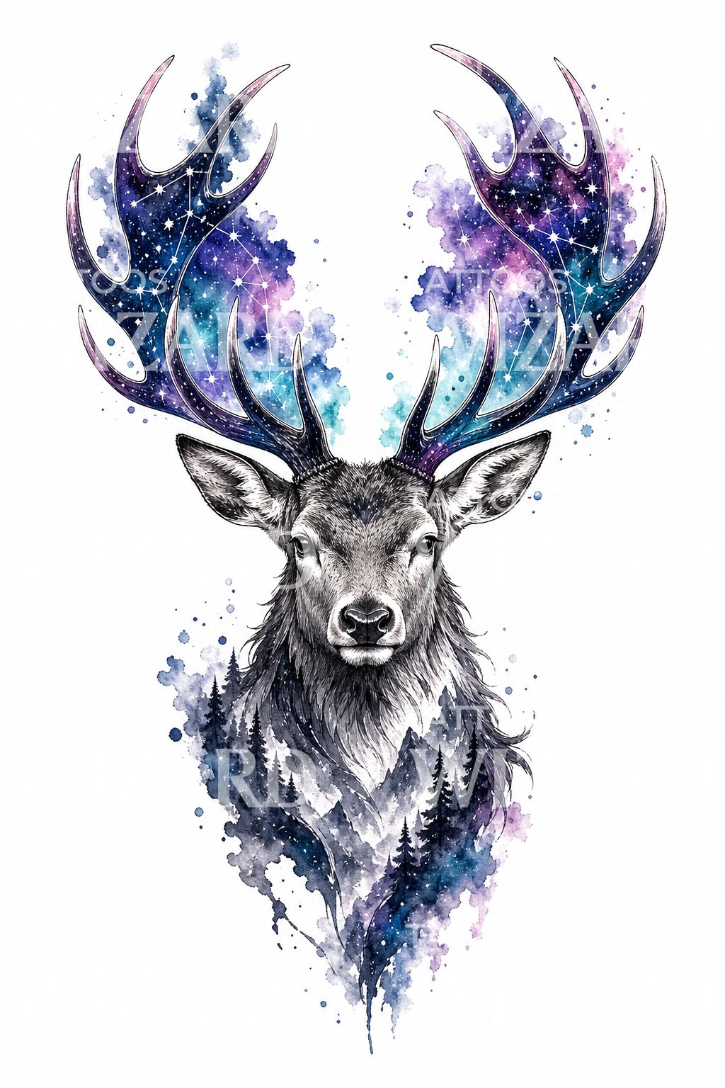 Diseño de tatuaje de ciervo con astas galácticas