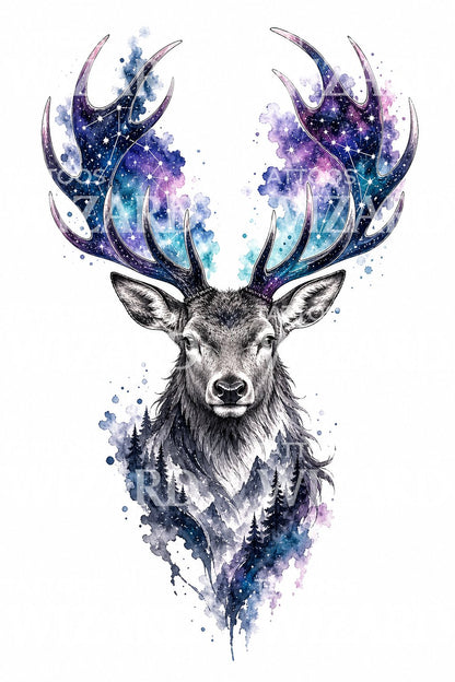 Diseño de tatuaje de ciervo con astas galácticas