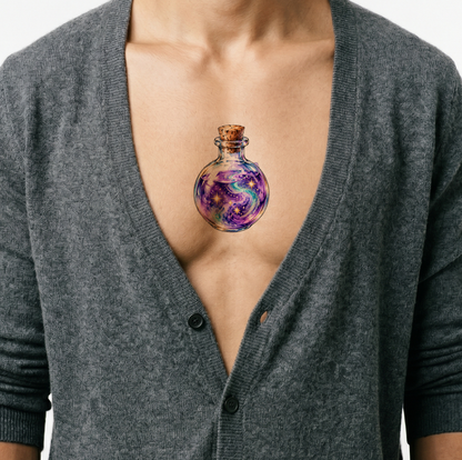Tatuaje de botella de poción galáctica en acuarela