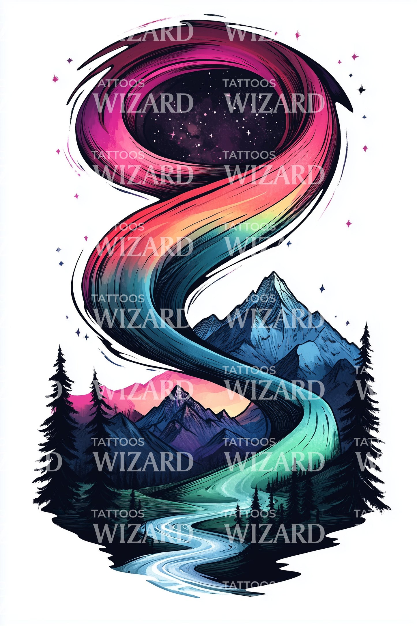 Galaxy Spiral Landscape Tattoo Design