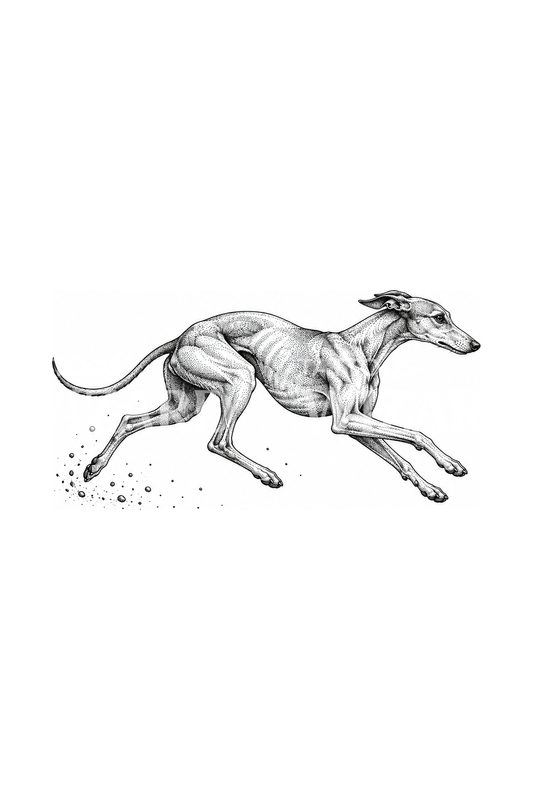 Dotworktatuering med galopperande greyhound