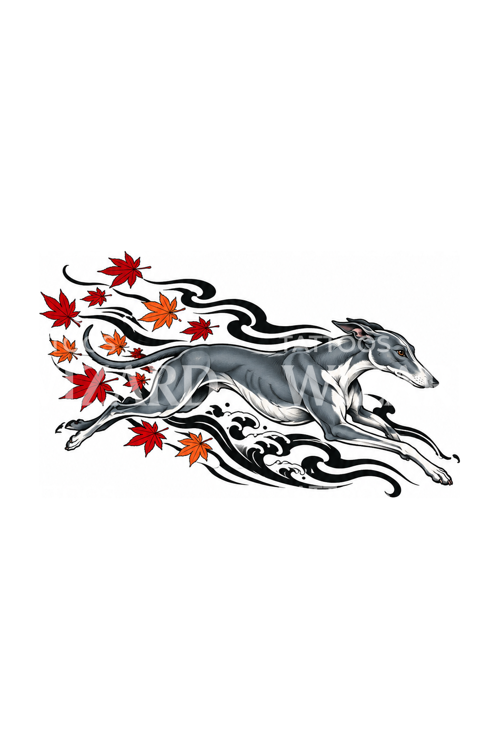 Galgo corriendo con viento y hojas de arce en tatuaje japonés