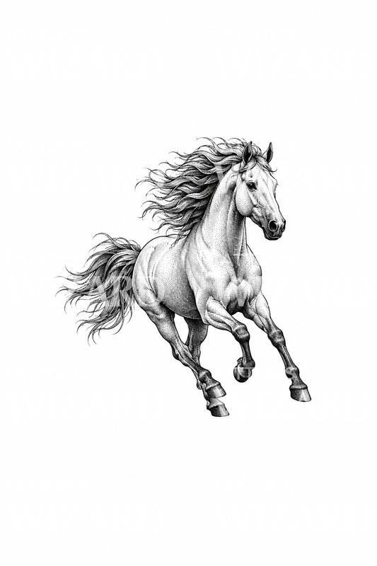 Diseño de tatuaje dotwork de caballo al galope con crin al viento