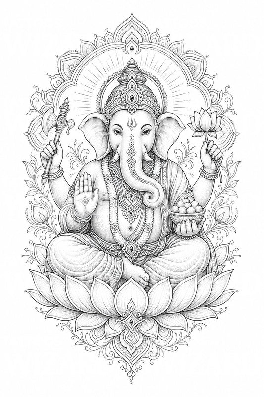 Ornamentální tetovací návrh Ganesha s lotosem