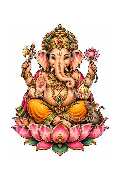 Ilustrasi Tato Ganesha di Atas Teratai Merah Muda dengan Modak dan Tikus
