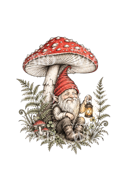 Diseño de tatuaje de gnomo de jardín bajo una seta con farol