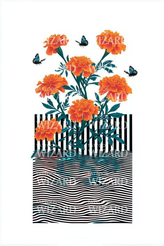 Garden Marigold Fence Tattoo Illustration