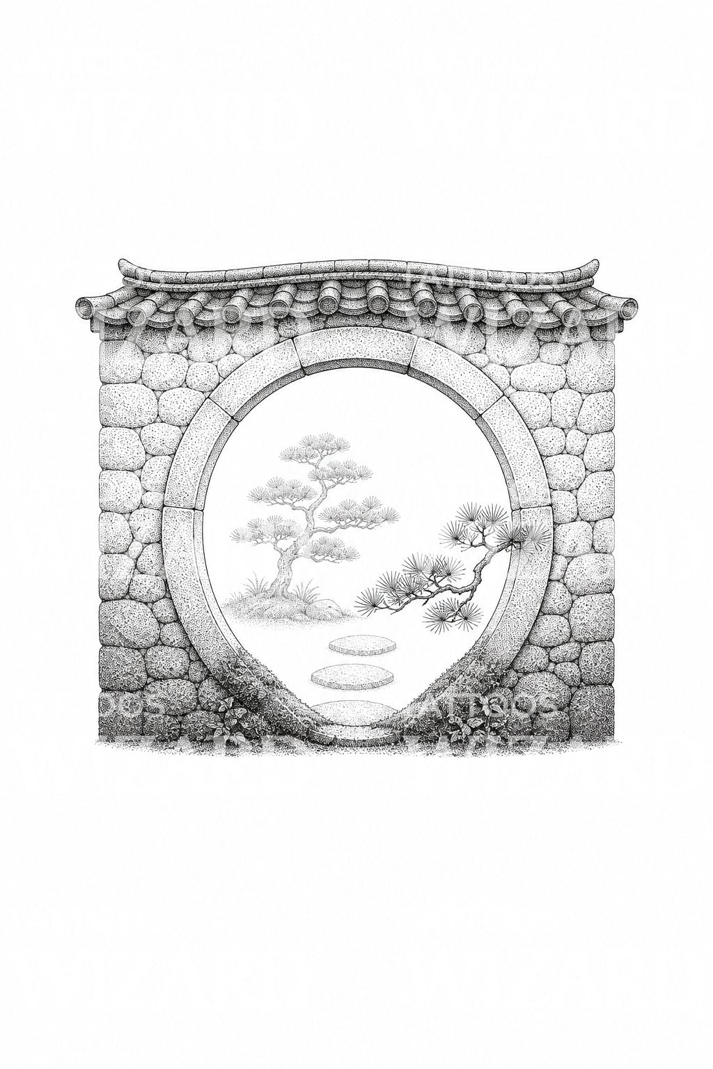 Garden Moon Gate with Pine Tattoo Illustration