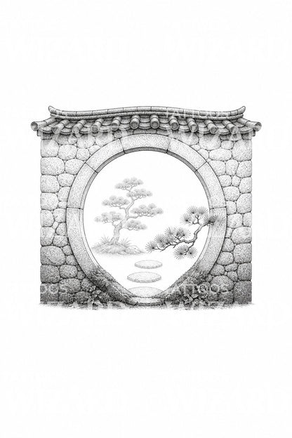 Garden Moon Gate with Pine Tattoo Illustration