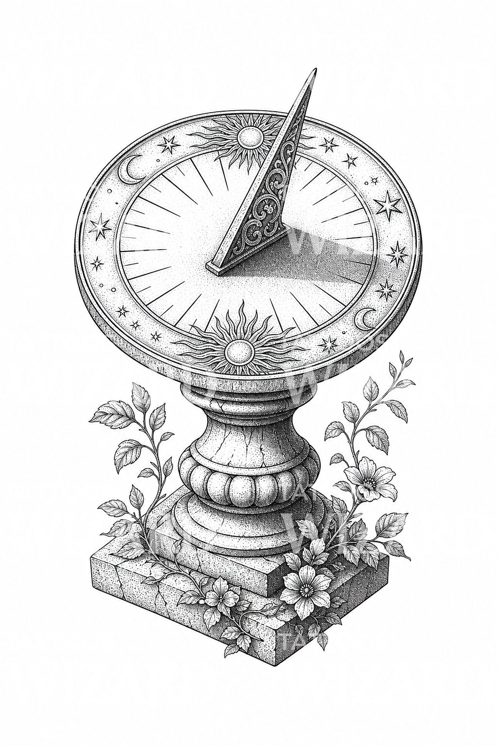Diseño de tatuaje de reloj de sol de jardín