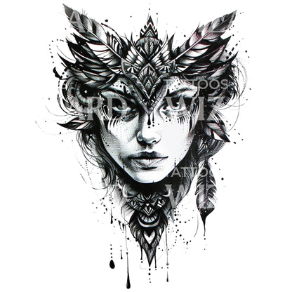 Owl Goddess Portrait Tattoo Design