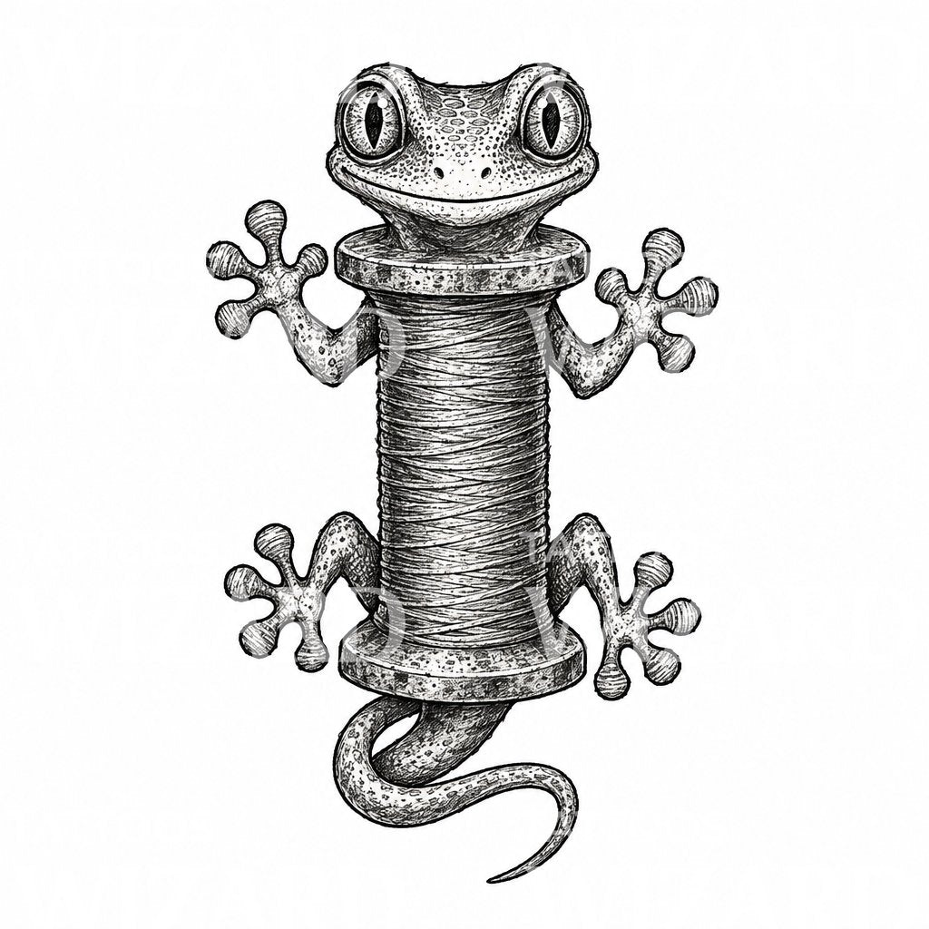 Gecko-Tattoo mit Garnspule