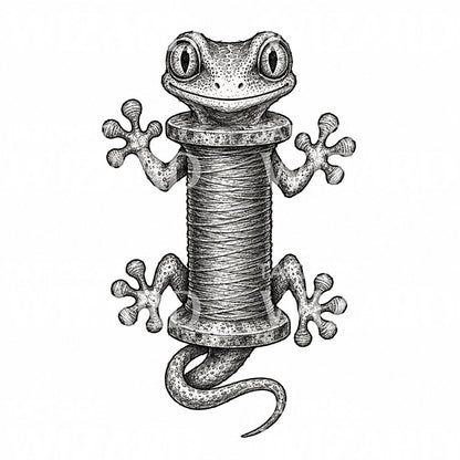 Gecko-Tattoo mit Garnspule