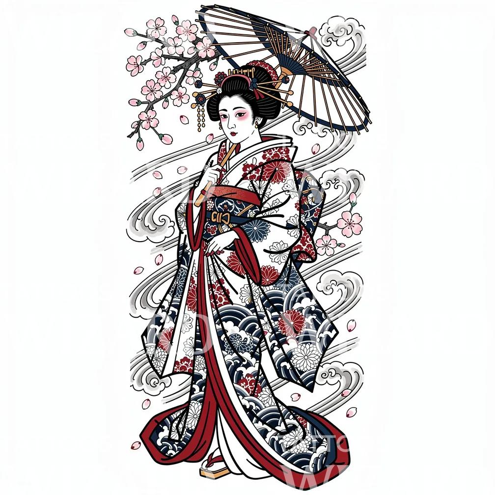 Geisha Sakura Parasol Tattoo Design