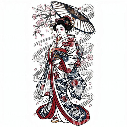 Geisha Sakura Parasol Tattoo Design