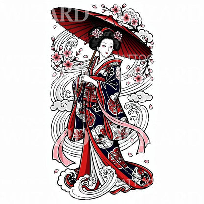 Design de Tatuagem Gueixa, Sakura e Guarda-Chuva
