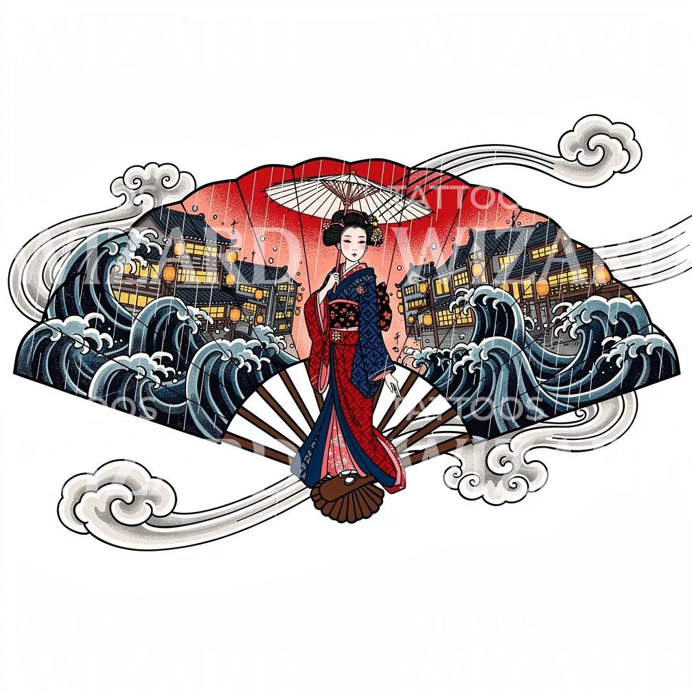 Geisha Storm Waves Tattoo Design