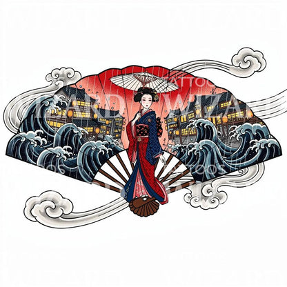 Geisha Storm Waves Tattoo Design