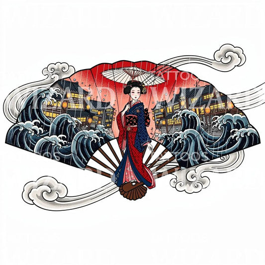Geisha i Stormvågor Tatueringsdesign