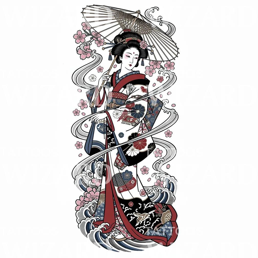 Geisha Umbrella Sakura Tattoo Design