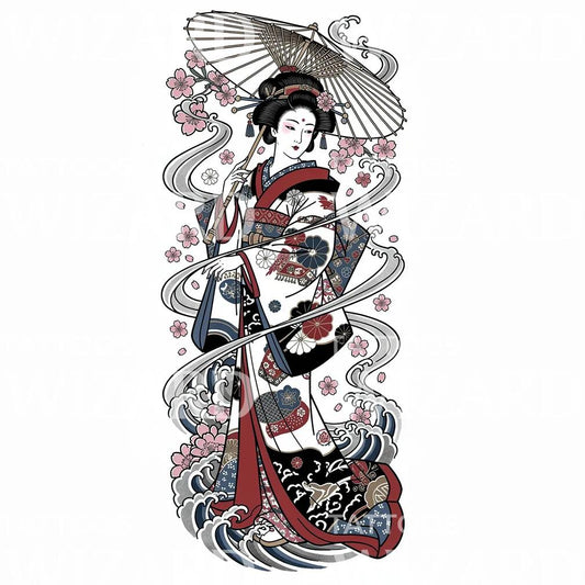 Geisha Umbrella Sakura Tattoo Design