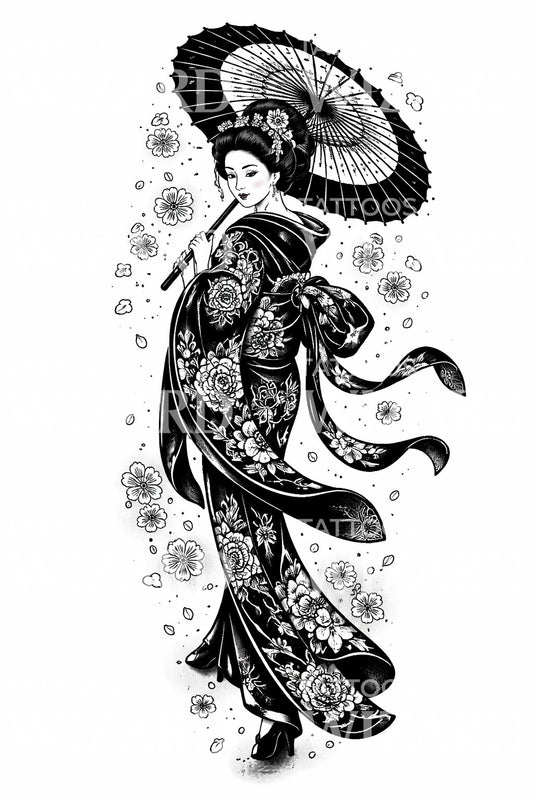 Geisha with Parasol Tattoo Design