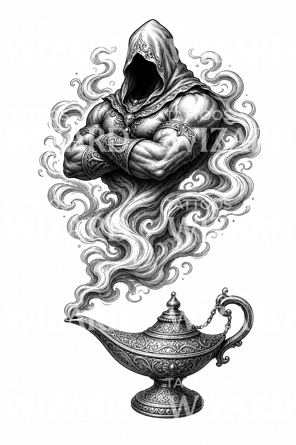 Genie Rising From Lamp Tattoo Design