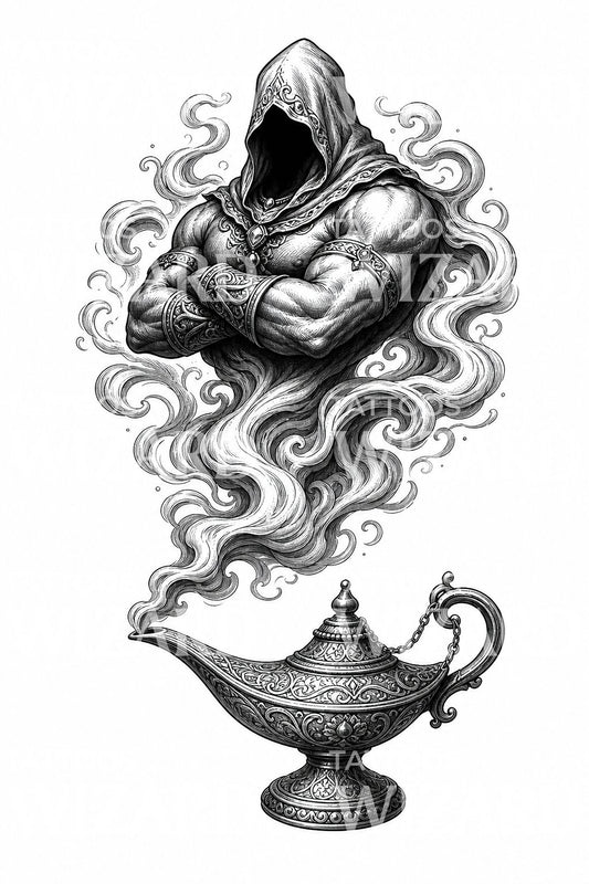Design de tatuagem com génio a sair da lâmpada
