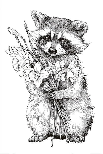 優しいアライグマの花のタトゥーイラスト