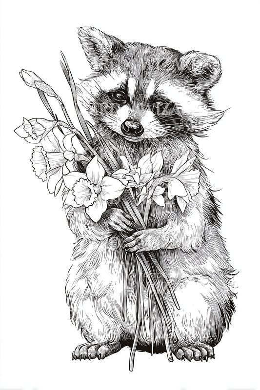 Gentle Raccoon Flowers Tattoo Illustration