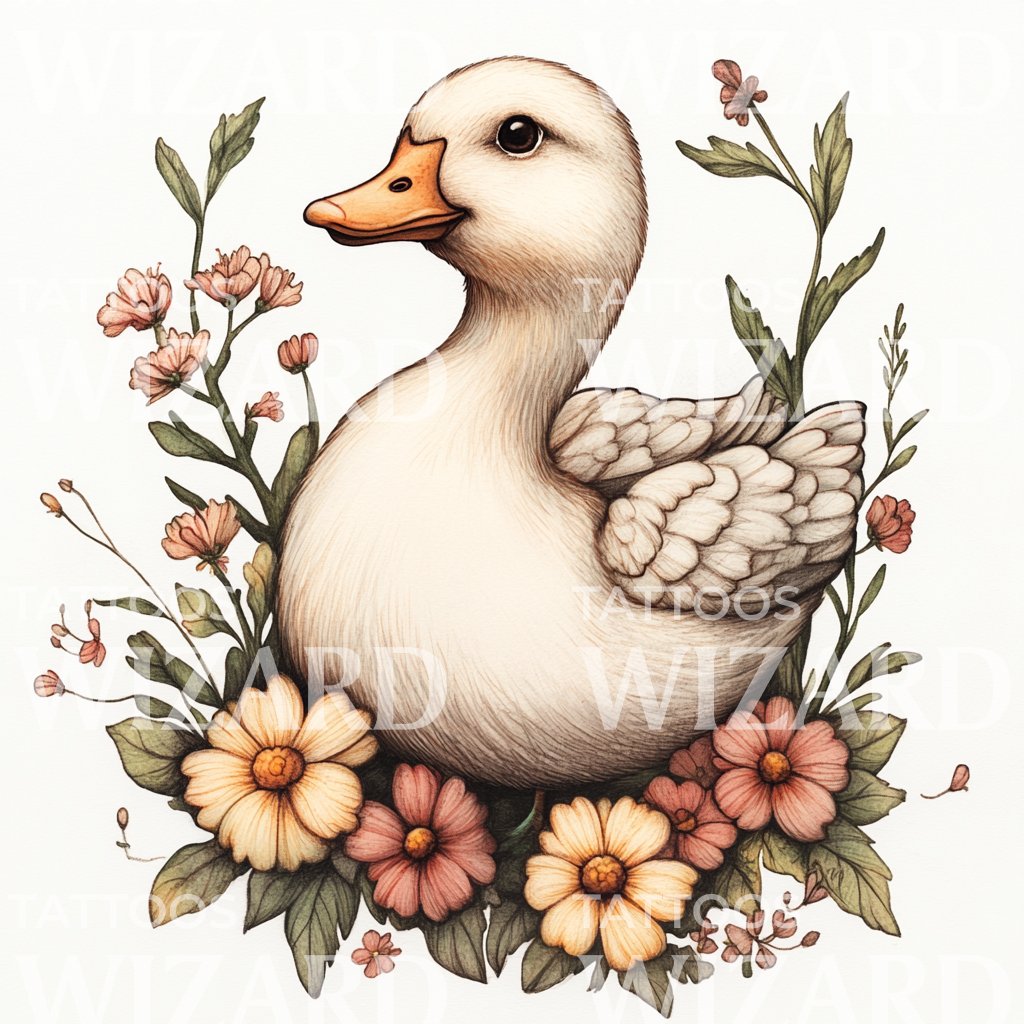 Gentle White Duck with Floral Wreath Tattoo Idea