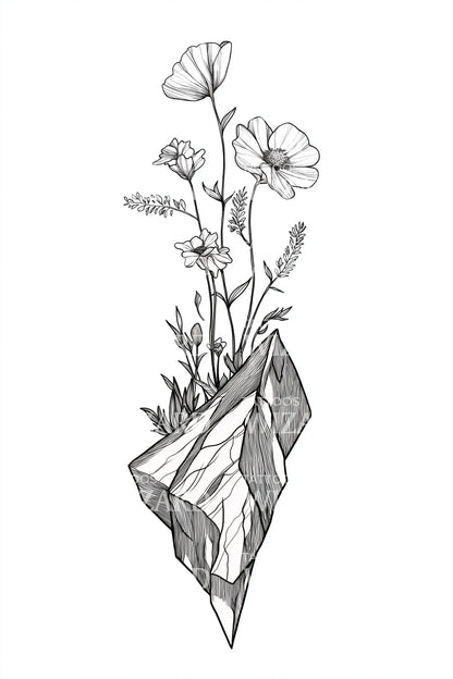 Geometric Crystal Flowers Tattoo Illustration