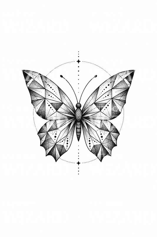 Geometric Faceted Butterfly Dotwork Tattoo Design