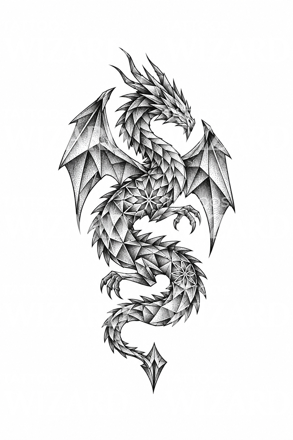 Geometrikus fazettált sárkány dotwork tetoválás