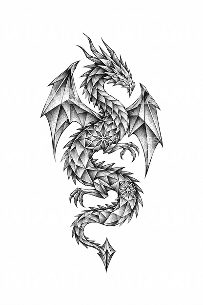 Geometrikus fazettált sárkány dotwork tetoválás
