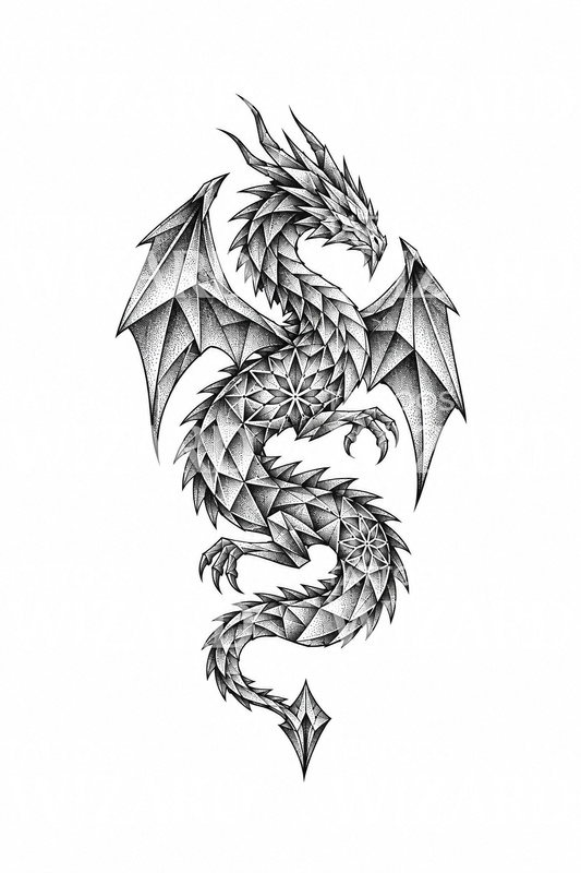 Geometrikus fazettált sárkány dotwork tetoválás