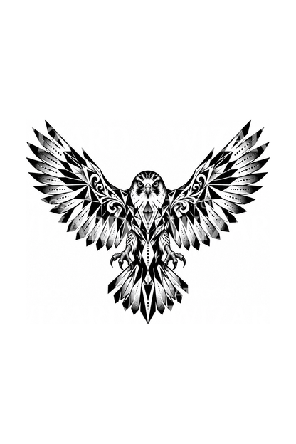 Geometrinen haukka levitetyin siivin, blackwork-tatuointi