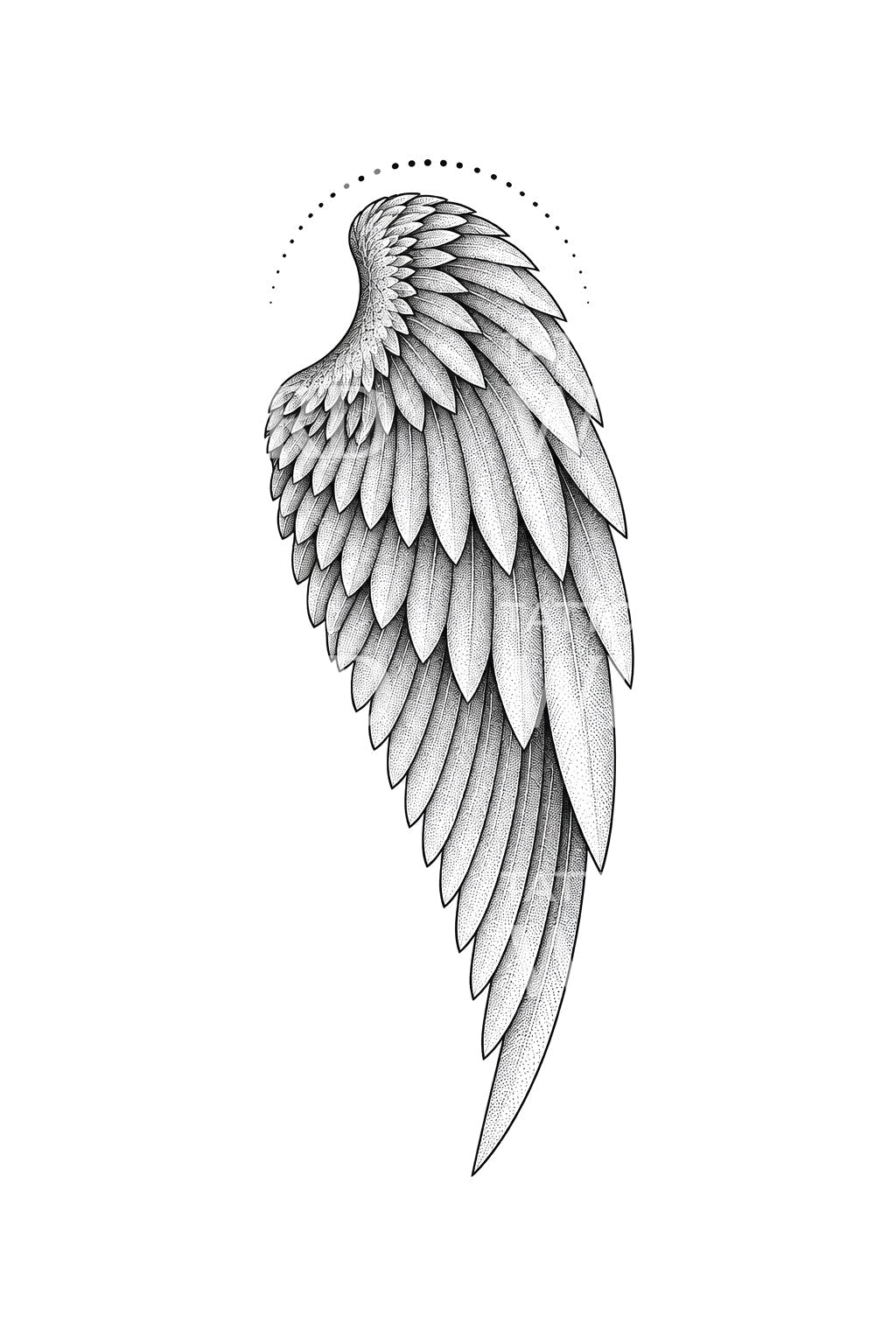 Design geométrico de tatuagem de asa de anjo com fila de penas
