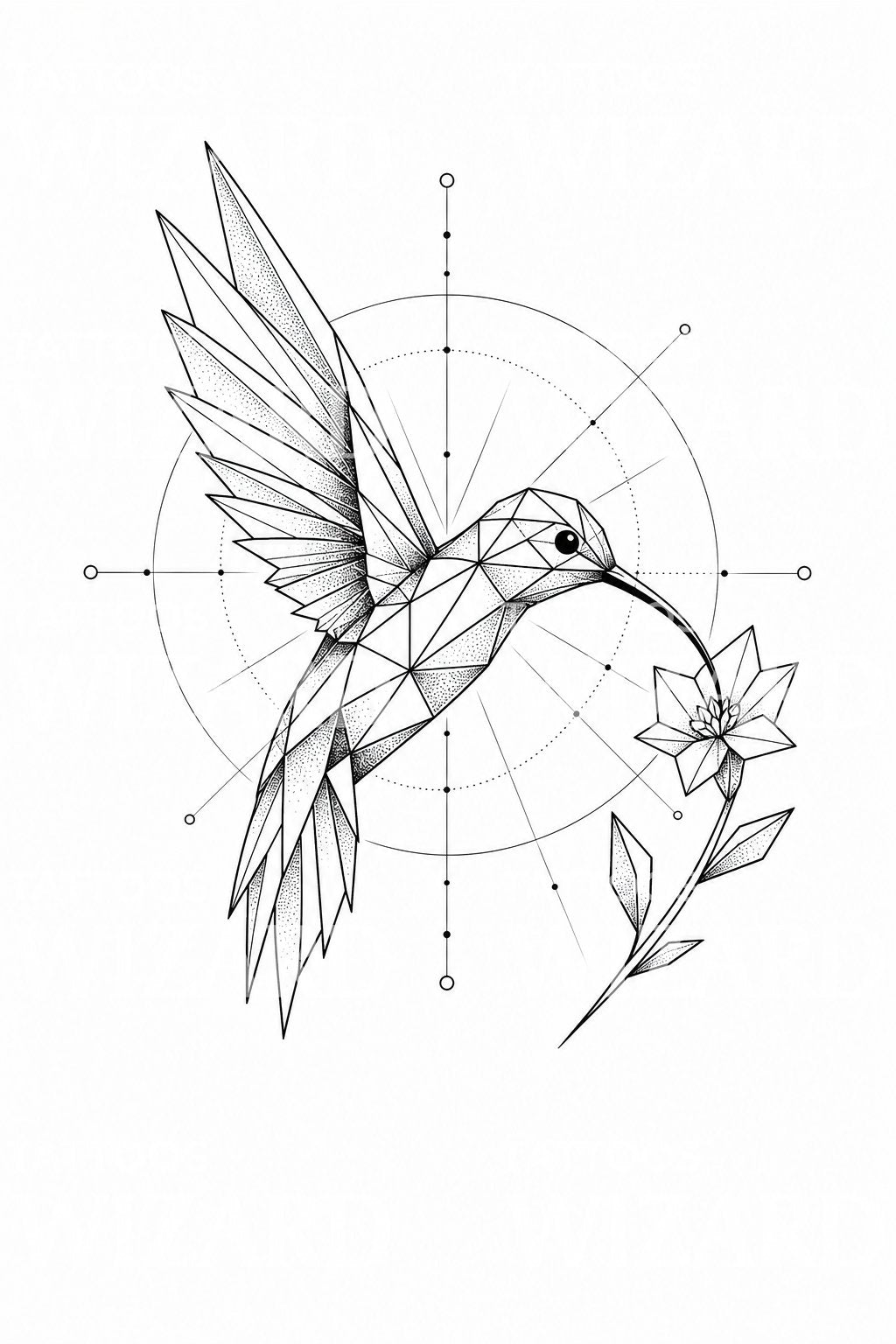 Geometric Hummingbird Flower Tattoo Design