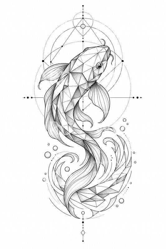 Geometrisk koi-fisk tatoveringsdesign