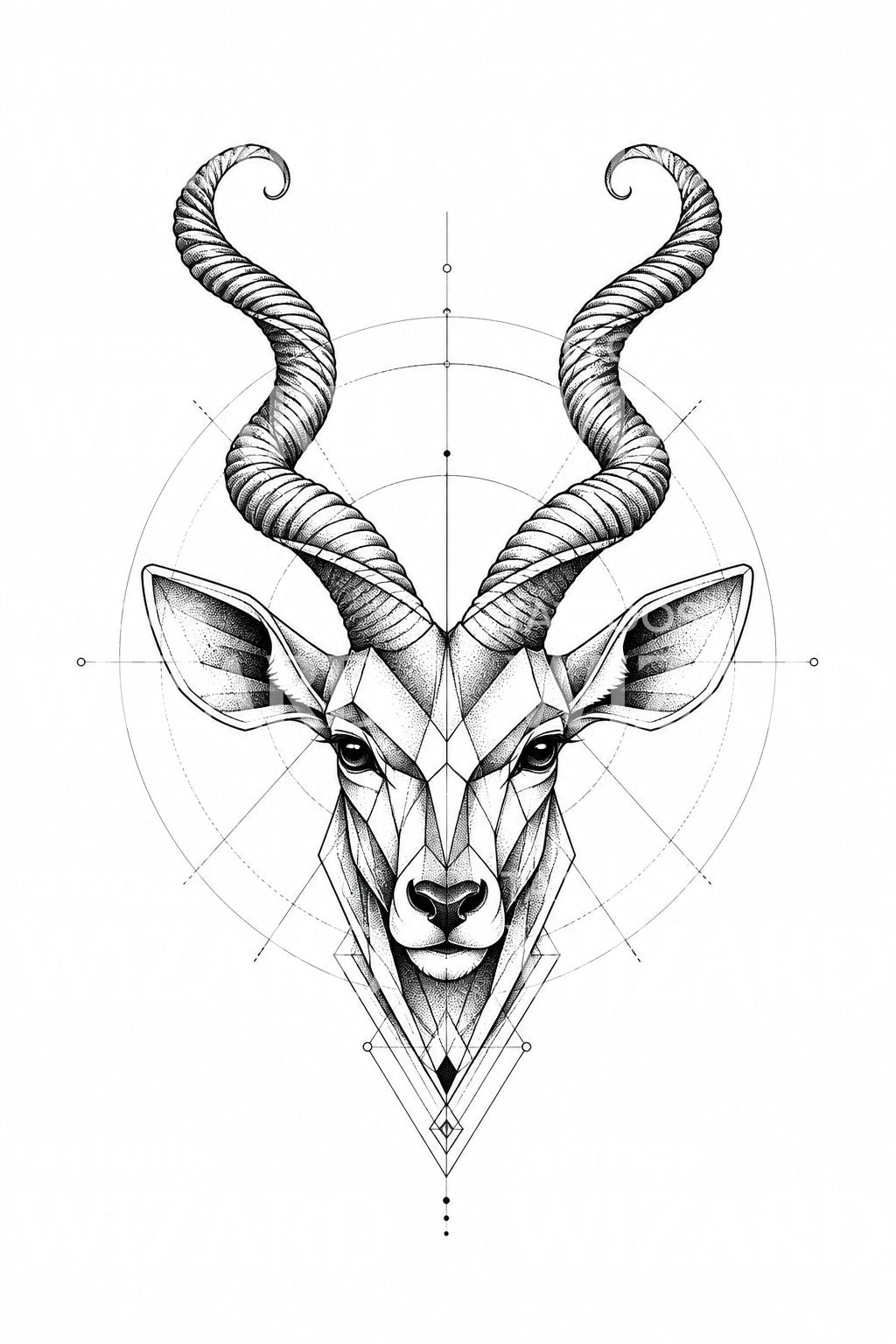 Geometrische kudu-tatoeage-illustratie met spiraalvormige hoorns