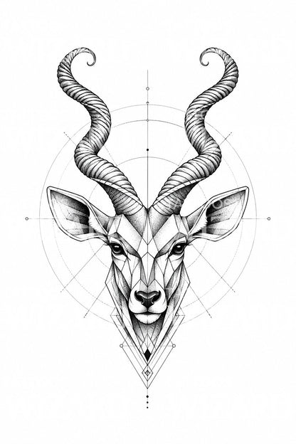 Geometrische kudu-tatoeage-illustratie met spiraalvormige hoorns