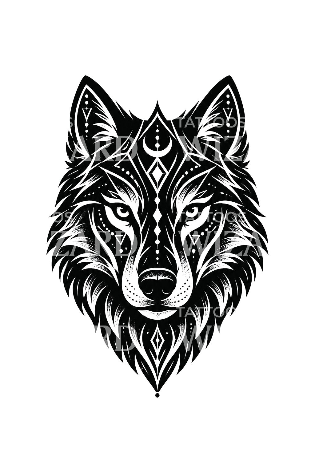 Diseño de tatuaje blackwork de cabeza de lobo geométrica