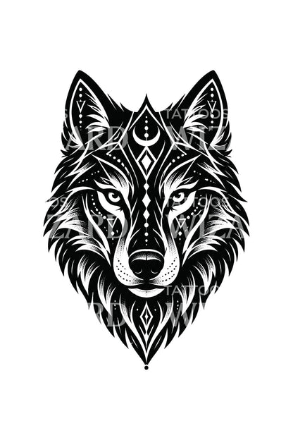 Diseño de tatuaje blackwork de cabeza de lobo geométrica