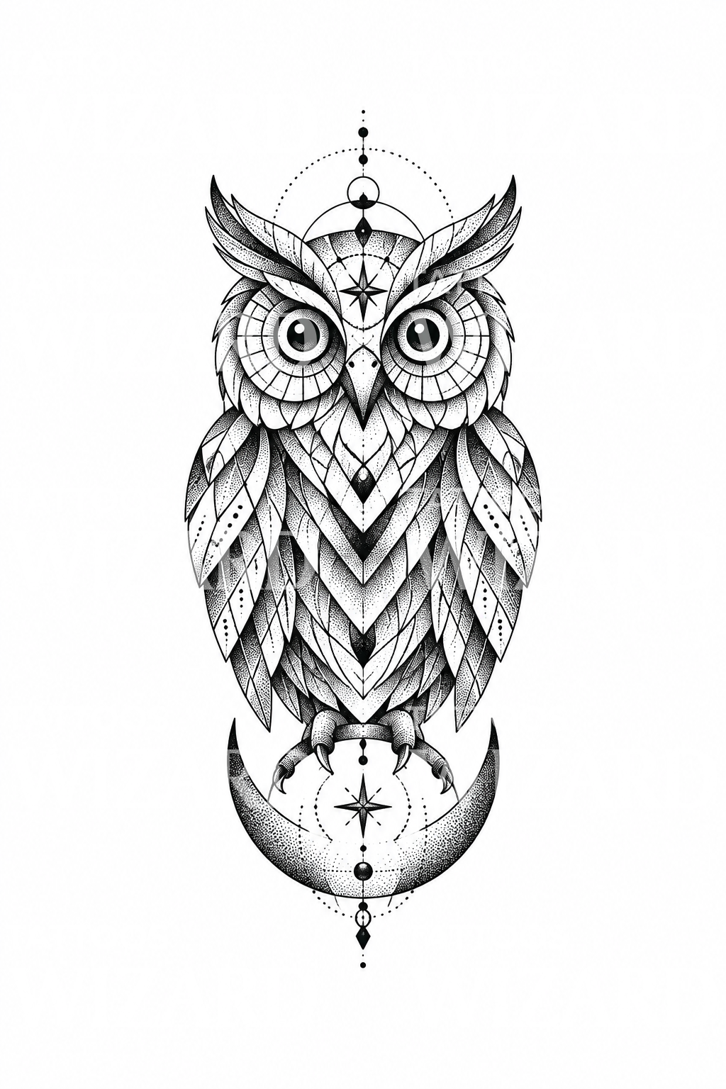 Geometric Owl and Crescent Tattoo Design