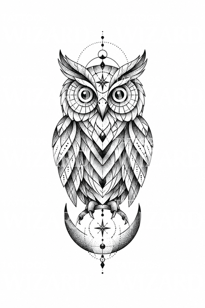 Geometric Owl and Crescent Tattoo Design